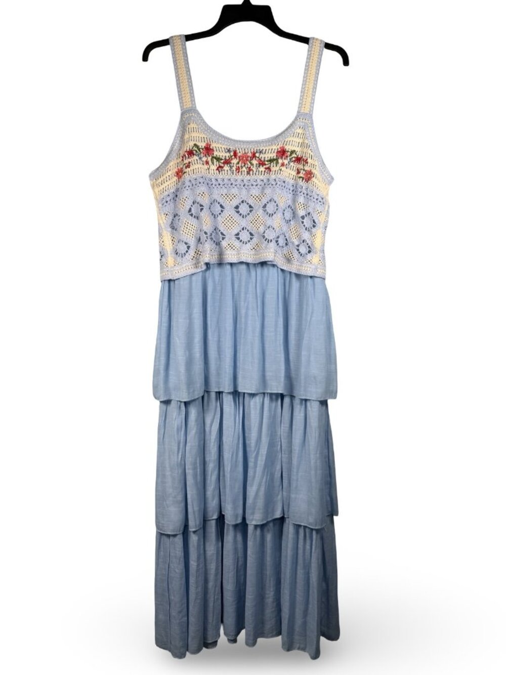 Kings Road Boho Floral Crochet Tiered Maxi Dress Womens XL Blue Lined Sundress